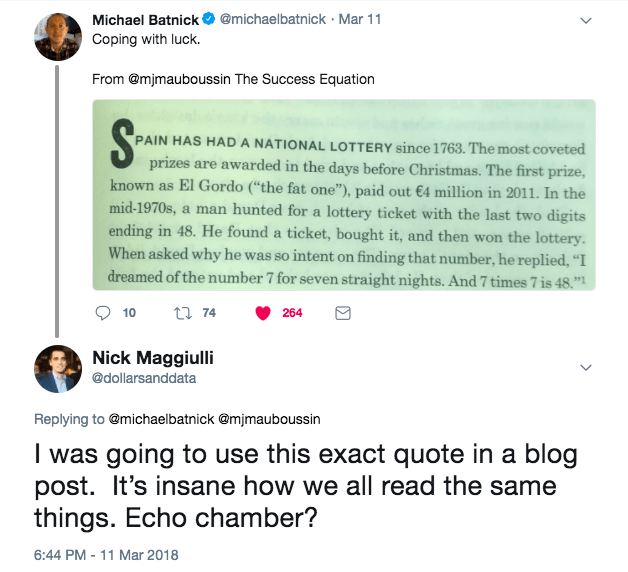 Michael Batnick tweet quoting a book and Nick Maggiulli's response about FinTwit being an echo chamber.