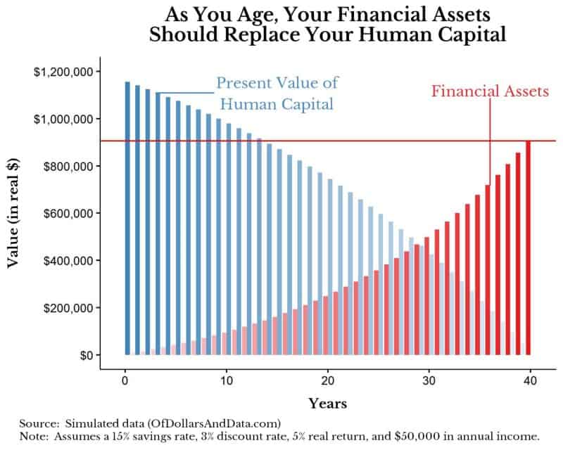 Plot showing present value of human capital and financial assets for an individual across their career.