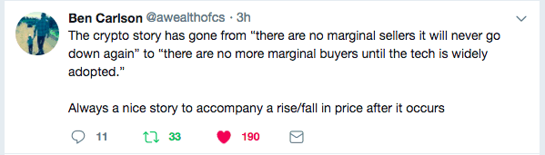 Ben Carlson tweet on how narrative follows price in crypto.