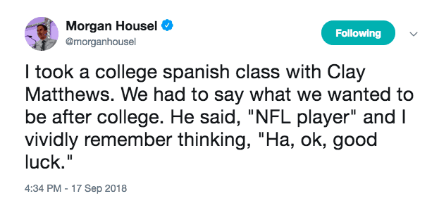 Morgan Housel tweet about being classmates with Clay Matthews