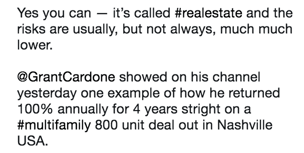 Tweet claiming how risks in real estate are much lower than in other asset classes