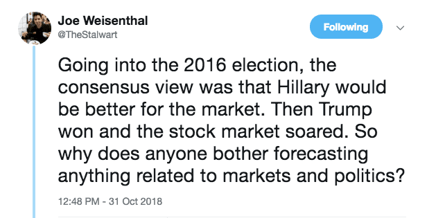 Joe Weisenthal tweet about Hillary Clinton vs Donald Trump and who would be better for the stock market
