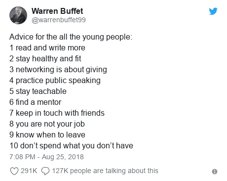 Fake Warren Buffett tweet on advice for young people