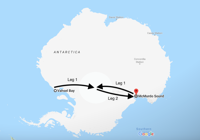 Map of Antarctica with Ernest Henry Shackleton's planned journey overlayed