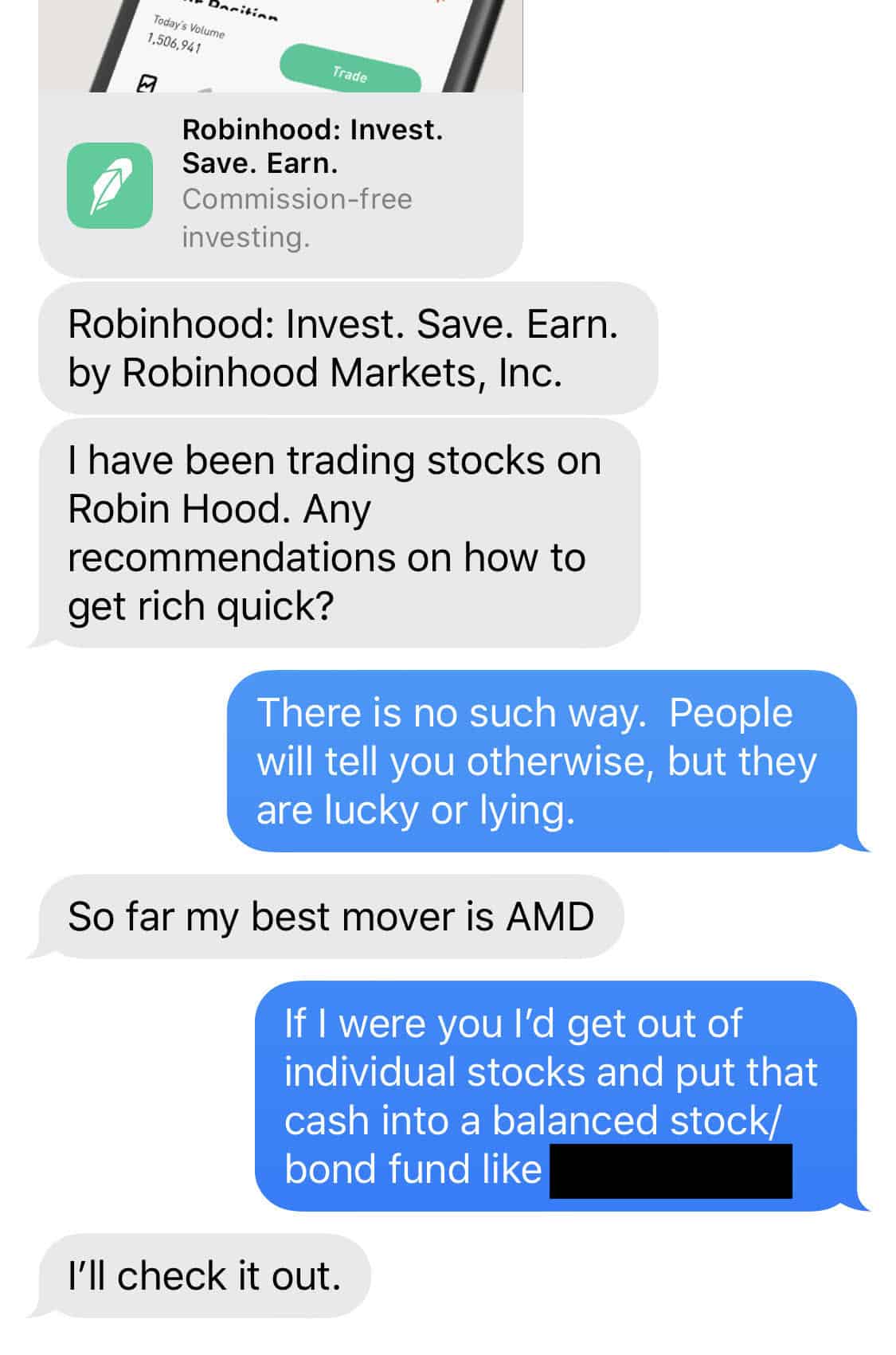 Text convo with my cousin about diversifying his portfolio