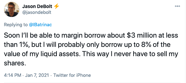 Jason Debolt tweet about borrowing on margin to buy more Tesla shares