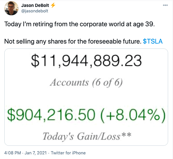 Jason Deblot tweet about retiring from the corporate world at age 39 with an all-Tesla portfolio worth $12M