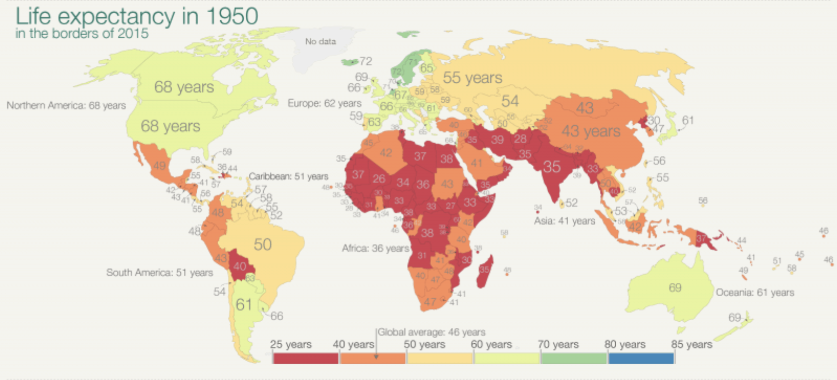 Life expectancy global map (1950)