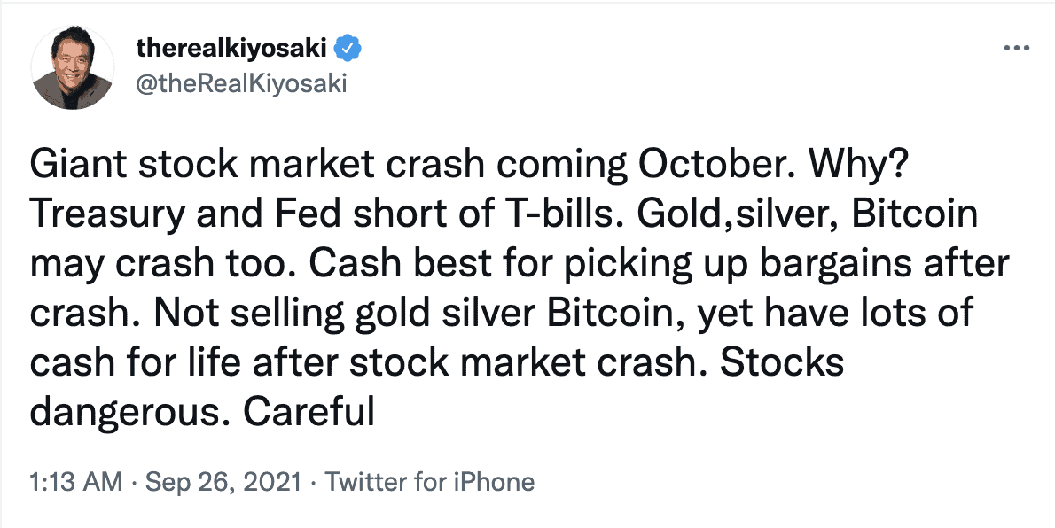 Robert Kiyosaki tweet about the next great crash coming.