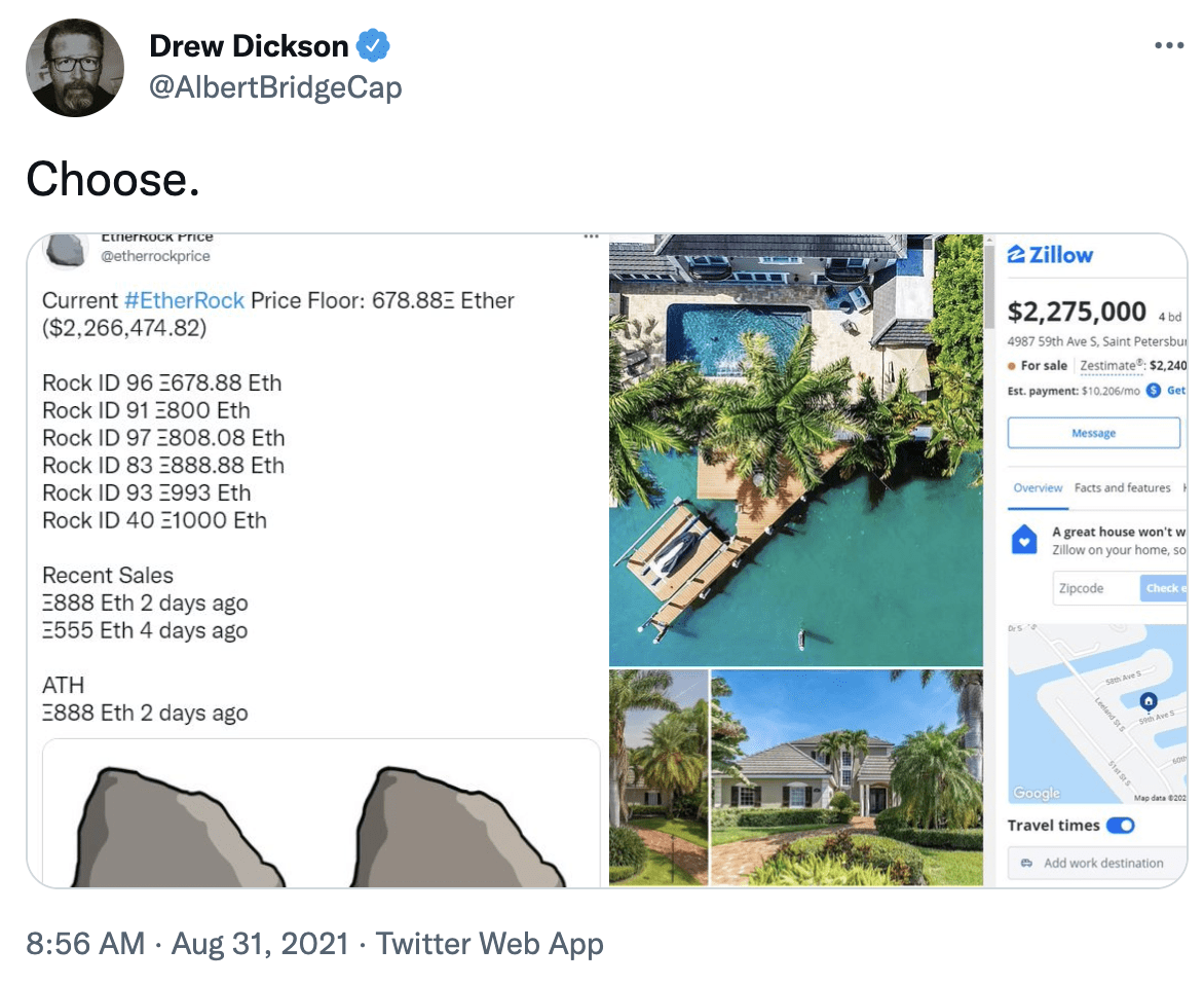 Tweet showing EtherRock price versus waterfront home in Florida at the same price.