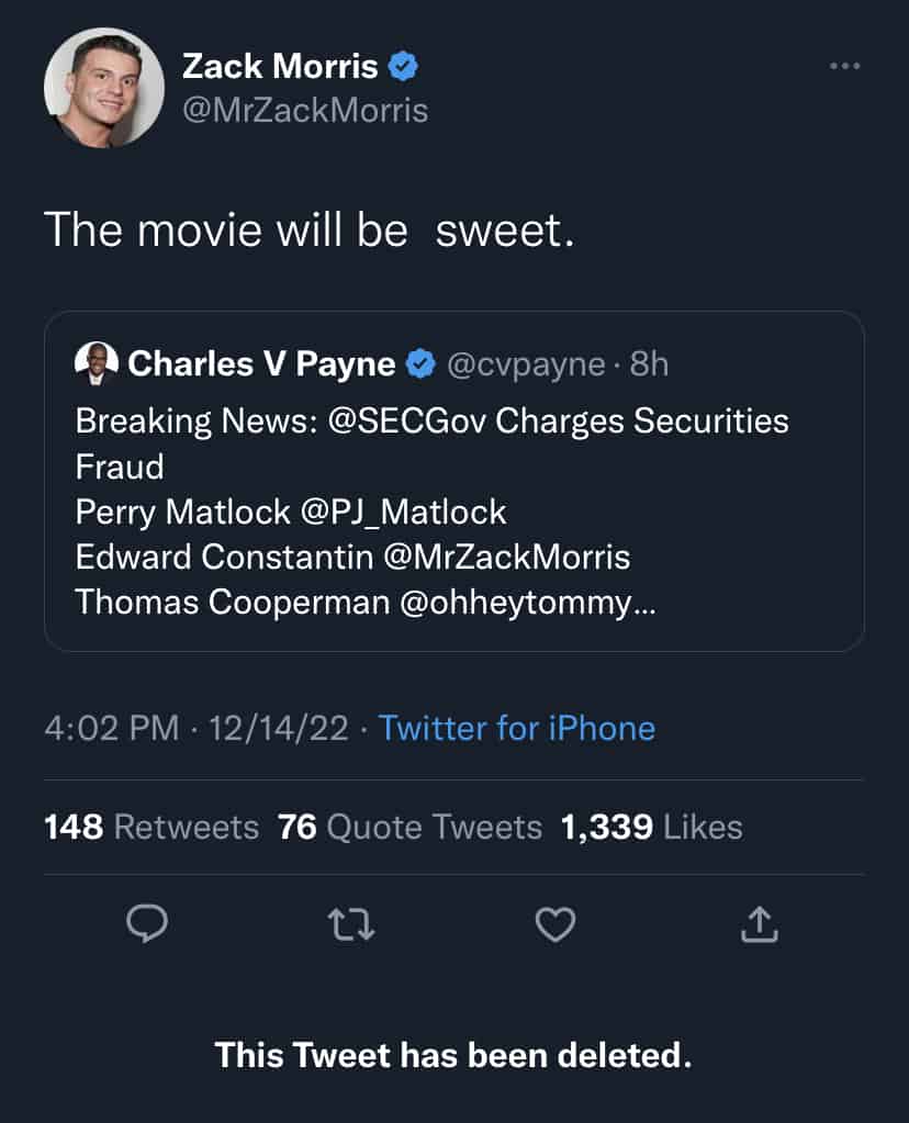 Zack Morris tweeted "the movie will be sweet" when referring to the SEC lawsuit against him.