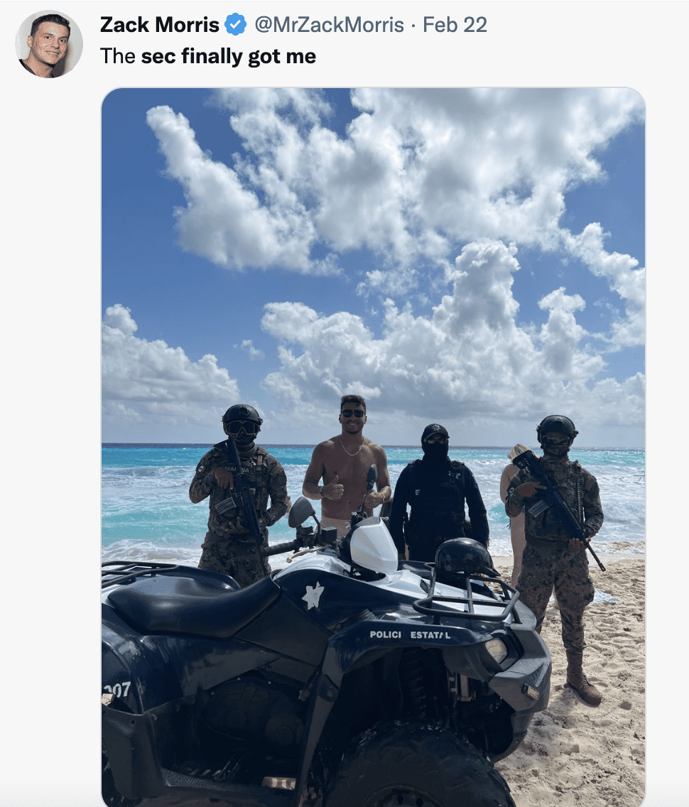 Shows Zack Morris on a beach in front of some sort of police force (not the SEC) which the caption stating "The SEC finally got me".