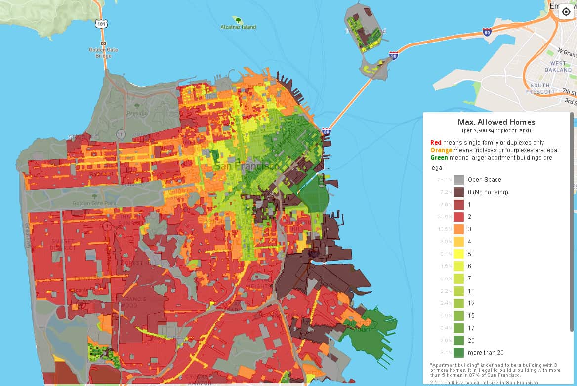 Heatmap showing the max number of allowed homes per lot in the city of San Francisco.