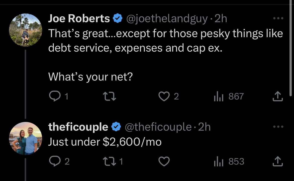 Tweet from The FI Couple stating that they net $2,600 per month from their real estate portfolio.